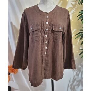Verse 100% Linen 3/4 Sleeve Shell Button Up Shirt Womens 40 L Lagenlook Brown